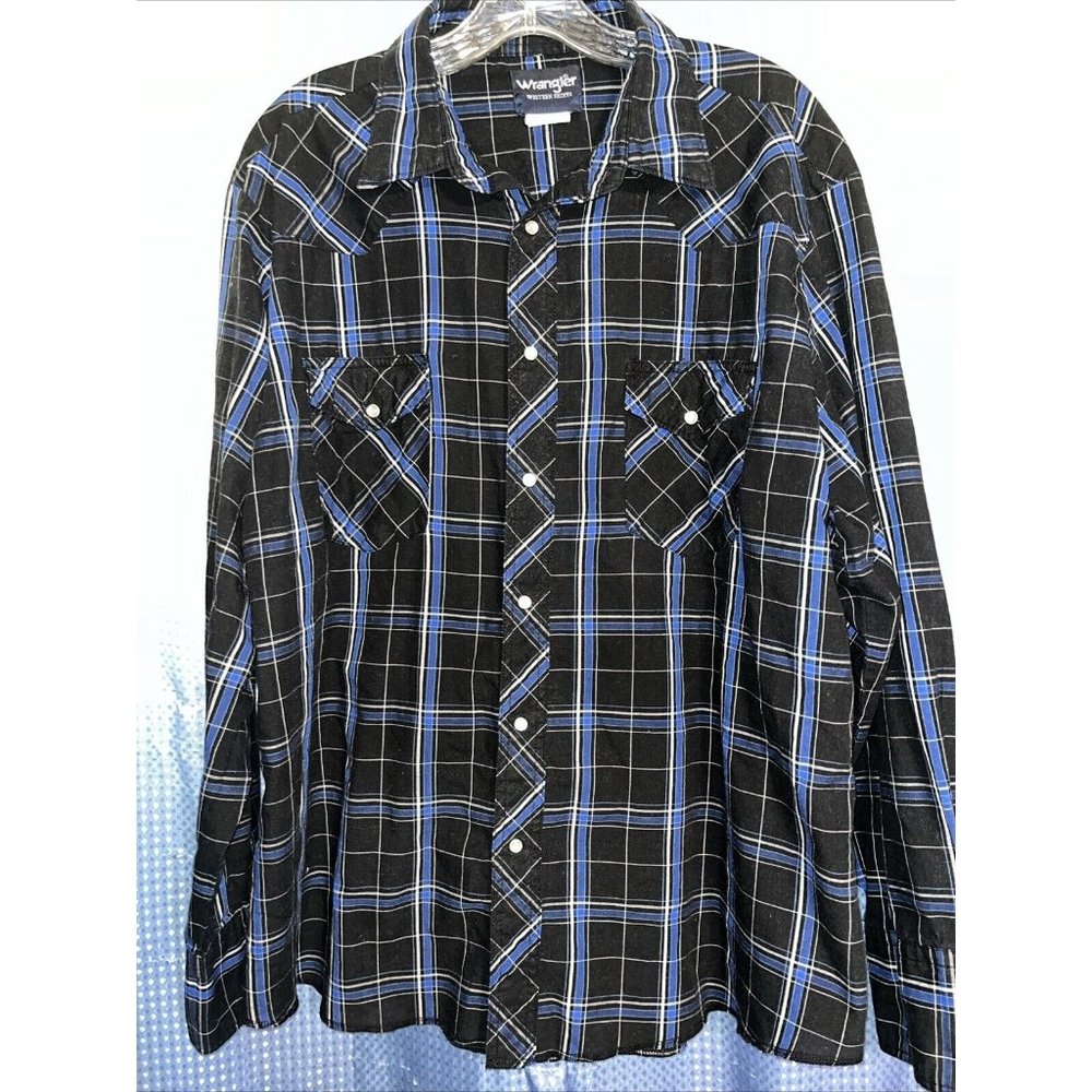 Wrangler Western Shirt Mens XL Black Blue Plaid Pearl Snap Rodeo Rockabilly